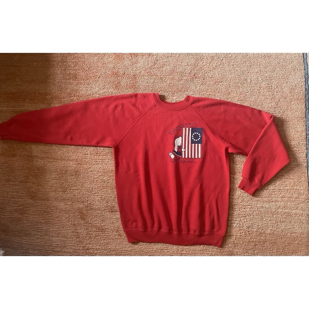Vintage Hanes USA Sweatshirt L Red Everybunny Loves America 80s Made in USA Unis